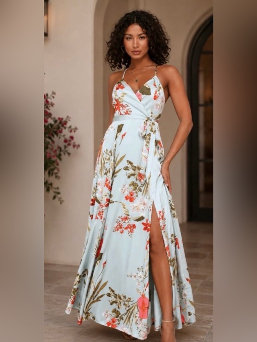Lulu's Light Blue Floral Wrap Maxi Dress with Side Slit